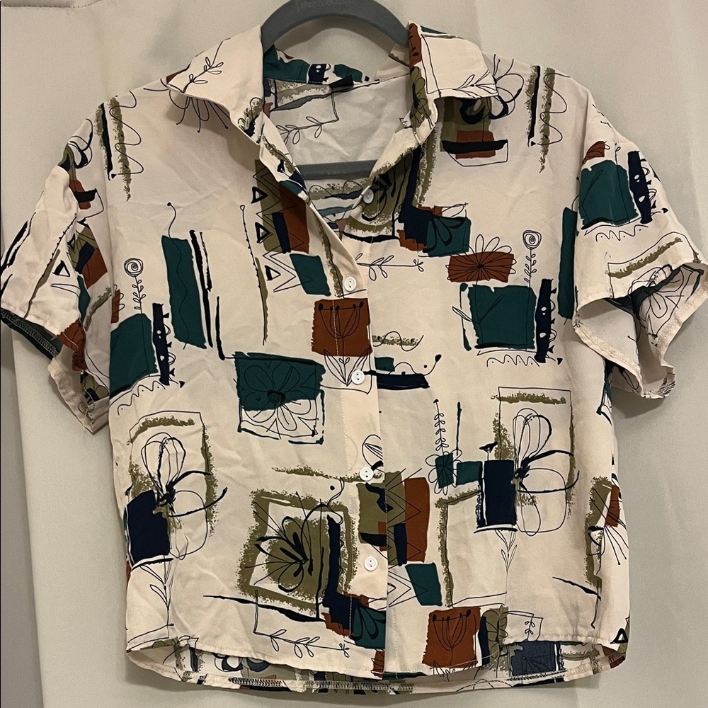 Lioness women's  Abstract Print Button Down Shirt - Cream, Green, Brown